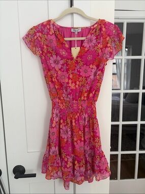 Ramy Brook Pink and Orange Floral V-Neck Knox Dress